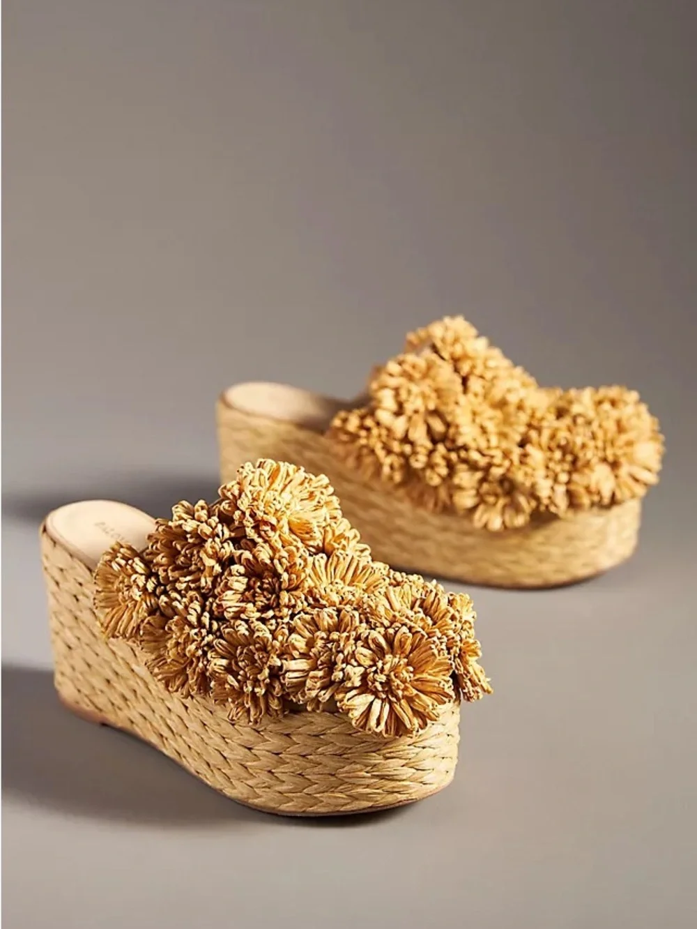 Paloma Barceló Natural Raffia Wedge Slides with Pom-Pom Detail